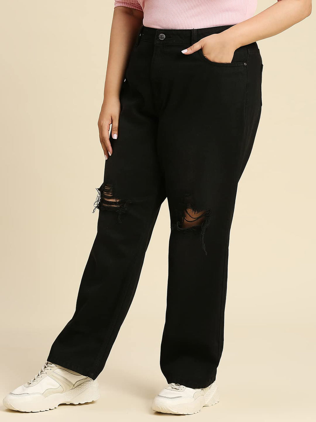 High Star Women Plus Size Comfort Wide Leg High-Rise Low Distress Jeans Charcoal Black