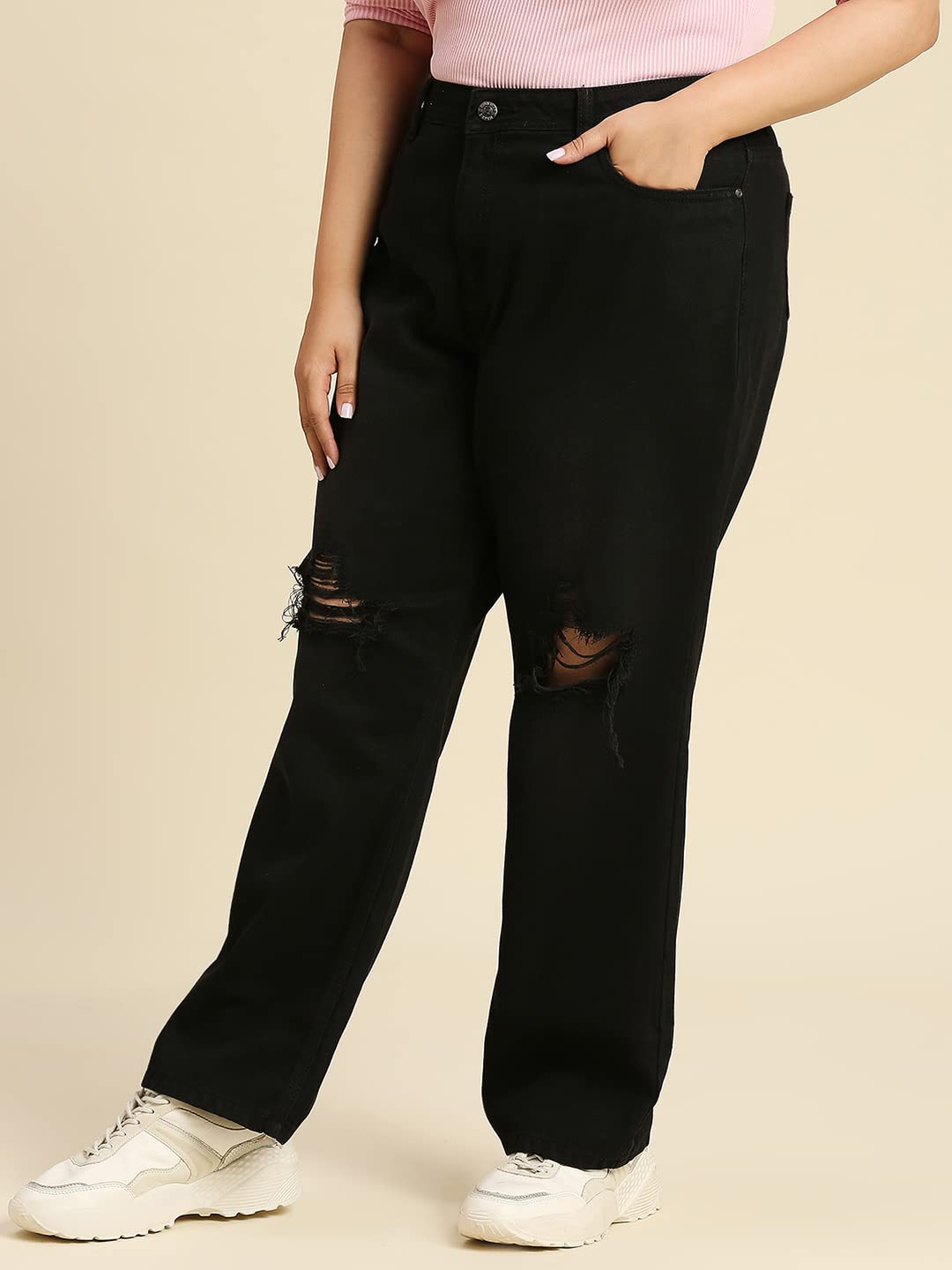 High Star Women Plus Size Comfort Wide Leg High-Rise Low Distress Jeans Charcoal Black