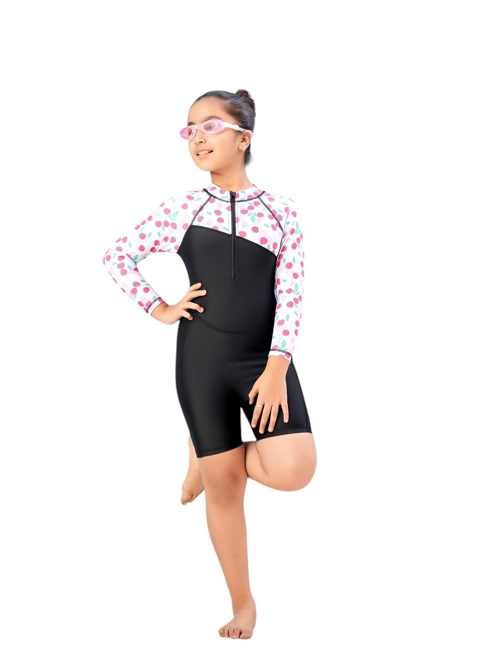 Aarika Girls Sports Wear Black-Blue Colour Strawberry Print Nylon Swim Suit (2-9 Years)-(SW-SHM-AB-612)