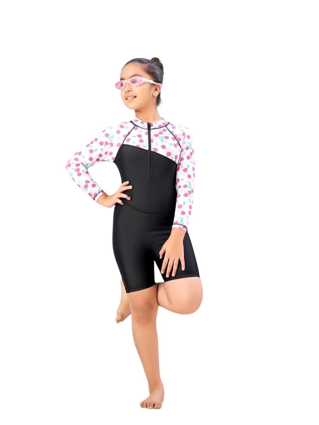 Aarika Girls Sports Wear Black-Blue Colour Strawberry Print Nylon Swim Suit (2-9 Years)-(SW-SHM-AB-612)