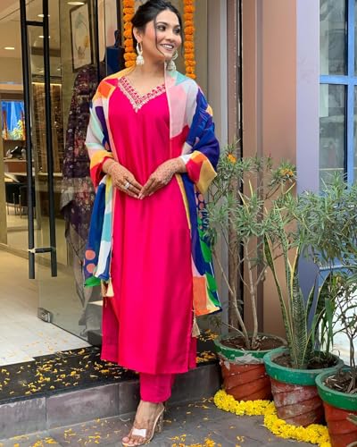 ANNI DESIGNER Womens Cotton Blend Straight Fit Solid Kurta with Pant & Dupatta (Kisori Pink_XXL_Pink_XX-Large)