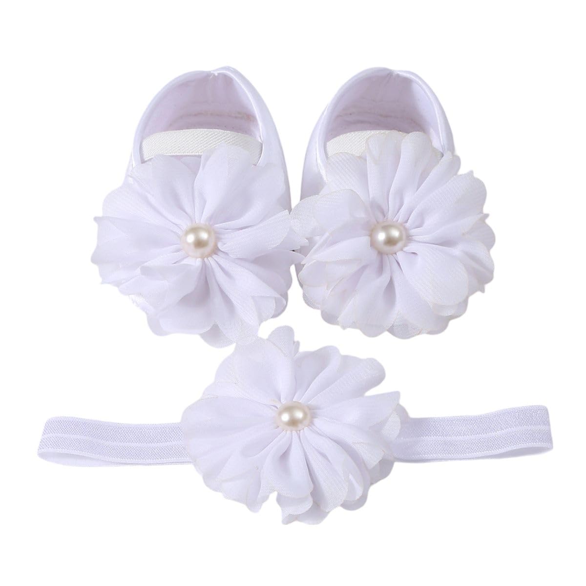 Syga Baby Flower Pearl Hairband & Shoes Set Soft, Comfortable Fit For Ages 318 MonthOldS Ideal For Newborns & Toddlers(White) 0-12