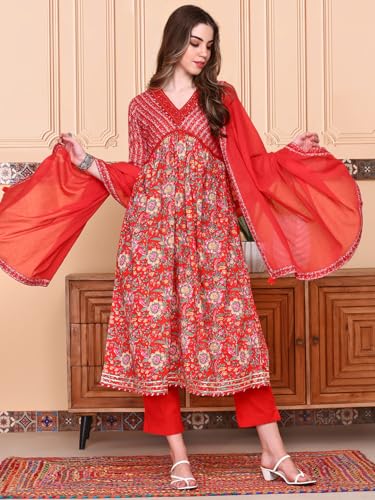 Ishin V-Neck Floral Printed Empire Pure Cotton A-Line Kurta With Trousers & Dupatta | Kurta Set For Women | Kurta With Trousers And Dupatta