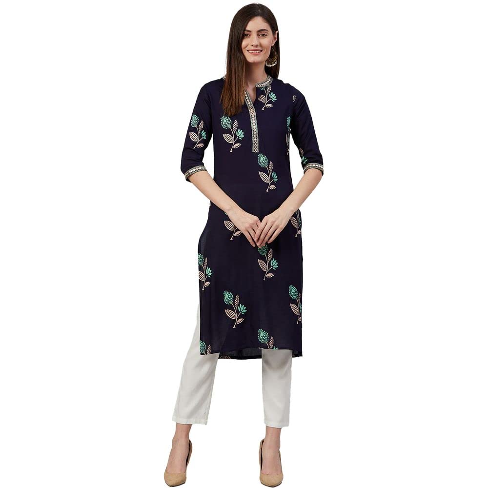 Anubhutee Women'S Rayon Blue Mirror Work Floral Embroidered Straight Kurta