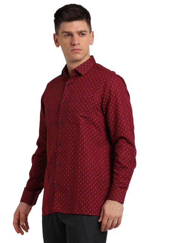 Turtle Men Cotton Linen Maroon Printed Slim Fit Full Sleeve Formal Shirt