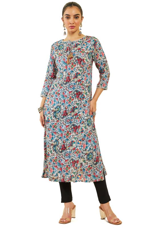 Soch Women Linen Botanical Print Straight Kurta with Lace Trims