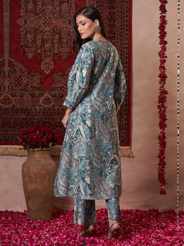 ANNI DESIGNER Womens Rayon Blend Straight Printed Kurta with Pant (Marco Teal_M_Teal Blue_Medium)