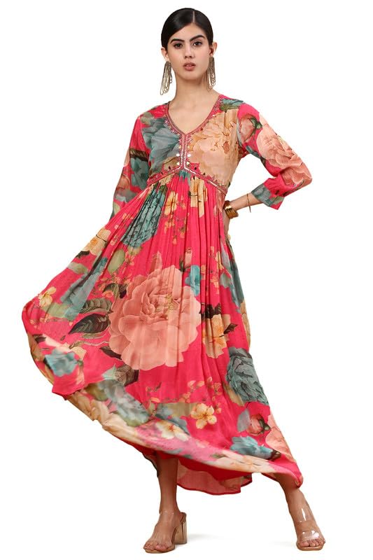 Soch Women Floral Printed Chinon Alia-Cut Ethnic Dress with Beads