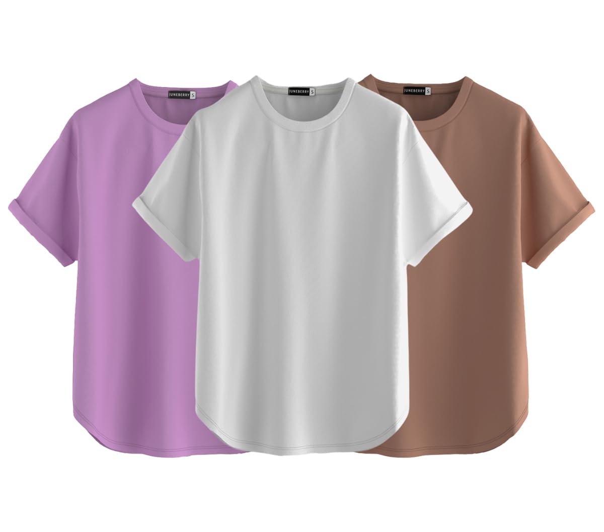 Juneberry Pure 100% Cotton Oversized Loose Baggy Fit Round Neck With Drop Shoulder Cork & Lilac & White Half Sleeves Boyfriend T