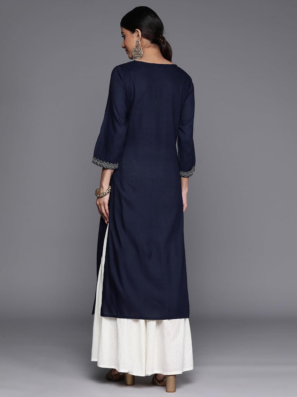 Libas Navy Blue Embellished Rayon Straight Kurta