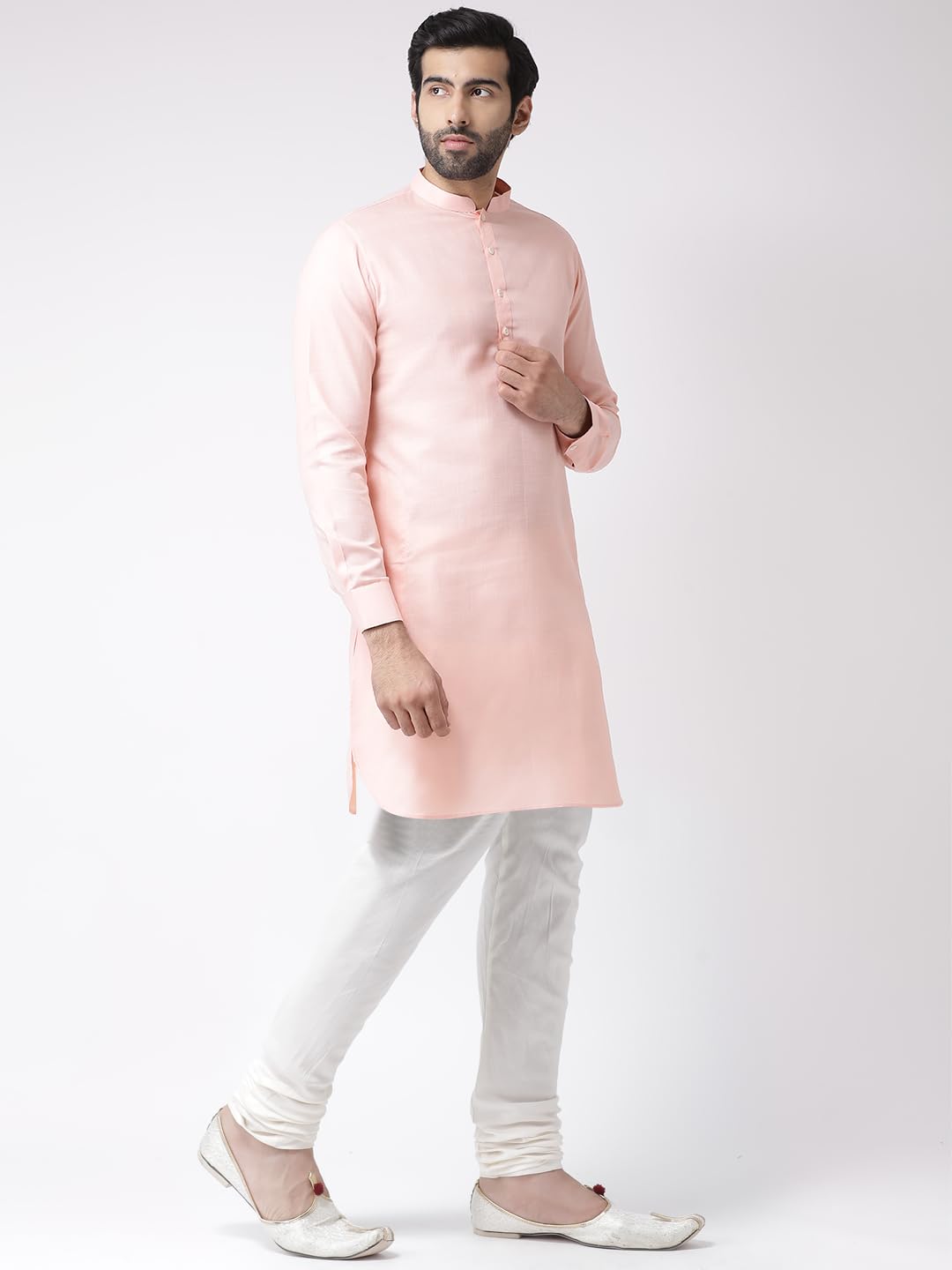 Kisah Men Light Pink Thread Work Kurta Full Sleaves, Knee Length, Straight, Regular Fit, Mandarin Collar Ethnic Wear