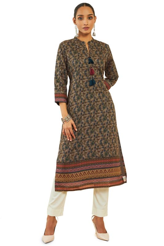 Soch Women Poly Cotton Kalamkari Print Straight Kurta with Tassels