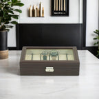 TIMELYBUYS 12 Piece Chocolate Brown Leatherette Men's Watch Box Display Case Collection Jewelry Box Storage Glass Top Father's D
