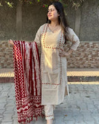 ANNI DESIGNER Womens Cotton Blend Straight Embroidered Kurta with Pant & Dupatta (DD BEIGE-NW_S_Beige_Small)
