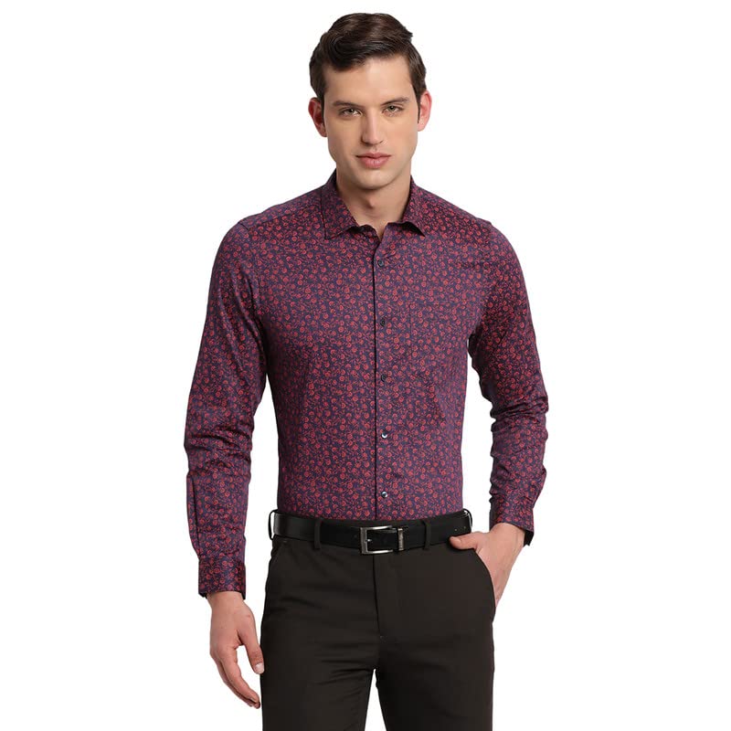 Turtle Men Navy Blue Cotton Printed Slim Fit Formal Shirts