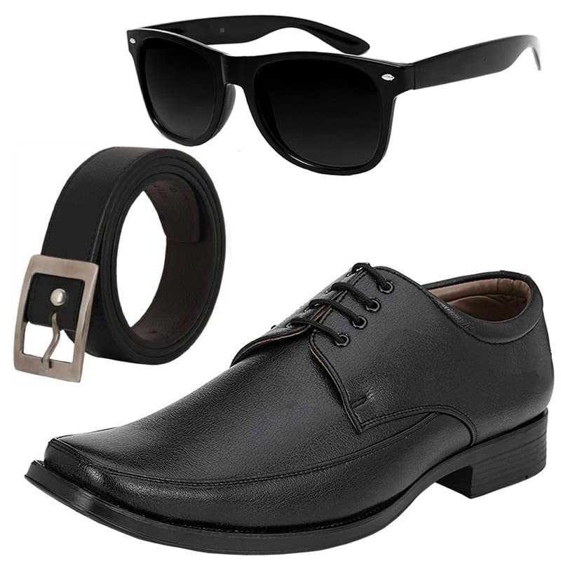 Vitoria Gracefull & Fashionable Men Formal Shoes with Free Belt & Unisex Black Wyfer Sunglasses Combo/8 8