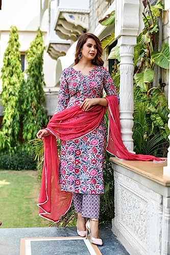 DHRUVI TRENDZ Women Cotton Blend Fancy Kurta Set Regular Fit Printed (DT-K2708&P130_Pink_3XL)