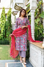 DHRUVI TRENDZ Women Cotton Blend Fancy Kurta Set Regular Fit Printed (DT-K2708&P130_Pink_3XL)