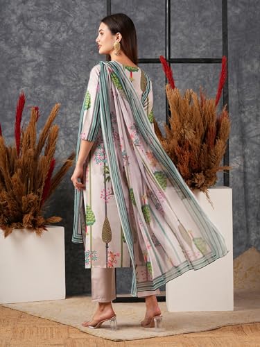 ANNI DESIGNER Womens Cotton Blend Straight Printed Kurta with Pant & Dupatta (Darur Green_S_Green_Small)