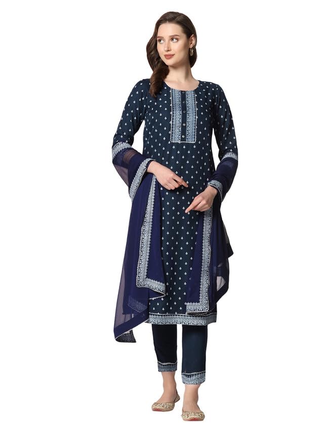 Sanisa Women'S Pigment Printed Chinnon Straight Kurta Set With Dupatta (49Kbd584N-L_Navy Blue)