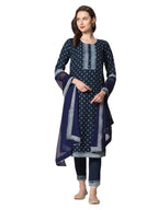 Sanisa Women'S Pigment Printed Chinnon Straight Kurta Set With Dupatta (49Kbd584N-L_Navy Blue)