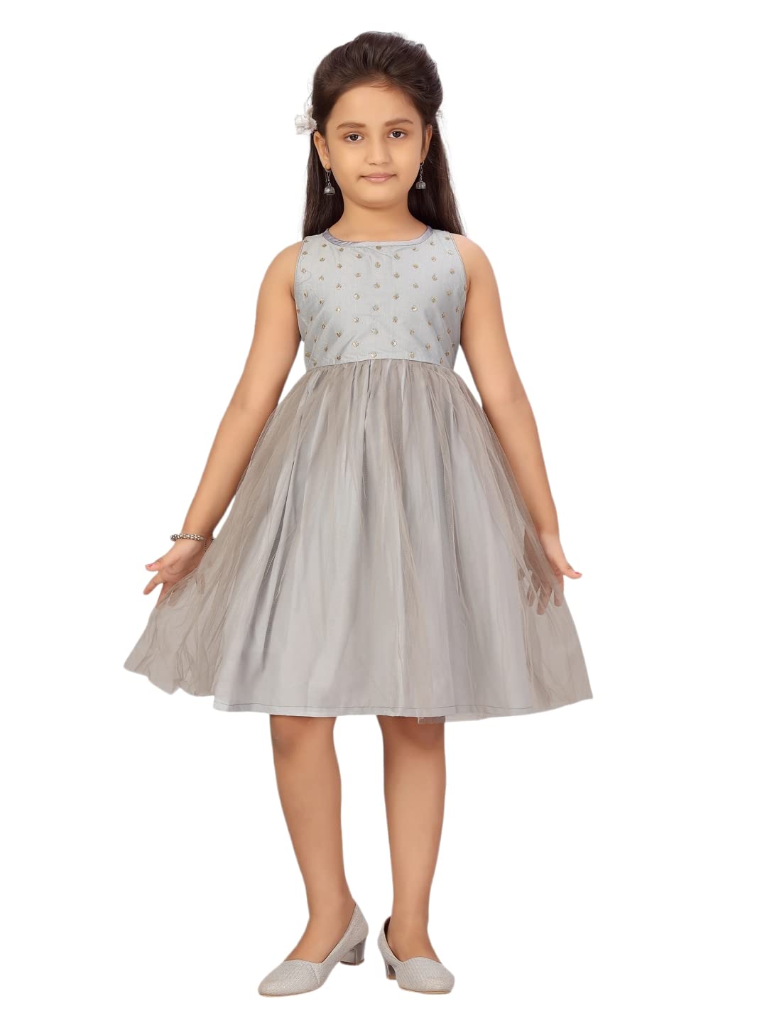 Aarika Baby-GirlS Net Fit And Flare Knee-Length Dress (Fk-21909_Grey_18)