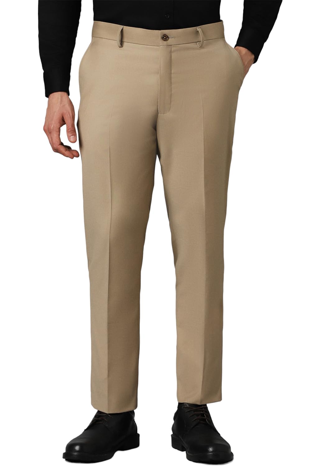 Louis Philippe Men Khaki Slim Fit Solid Flat Front Formal Trousers