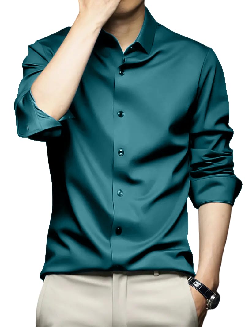 IndoPrimo Mens Stylish Solid Satin Casual Shirt for Men Full Sleeve (in, Alpha, XL, Rama)