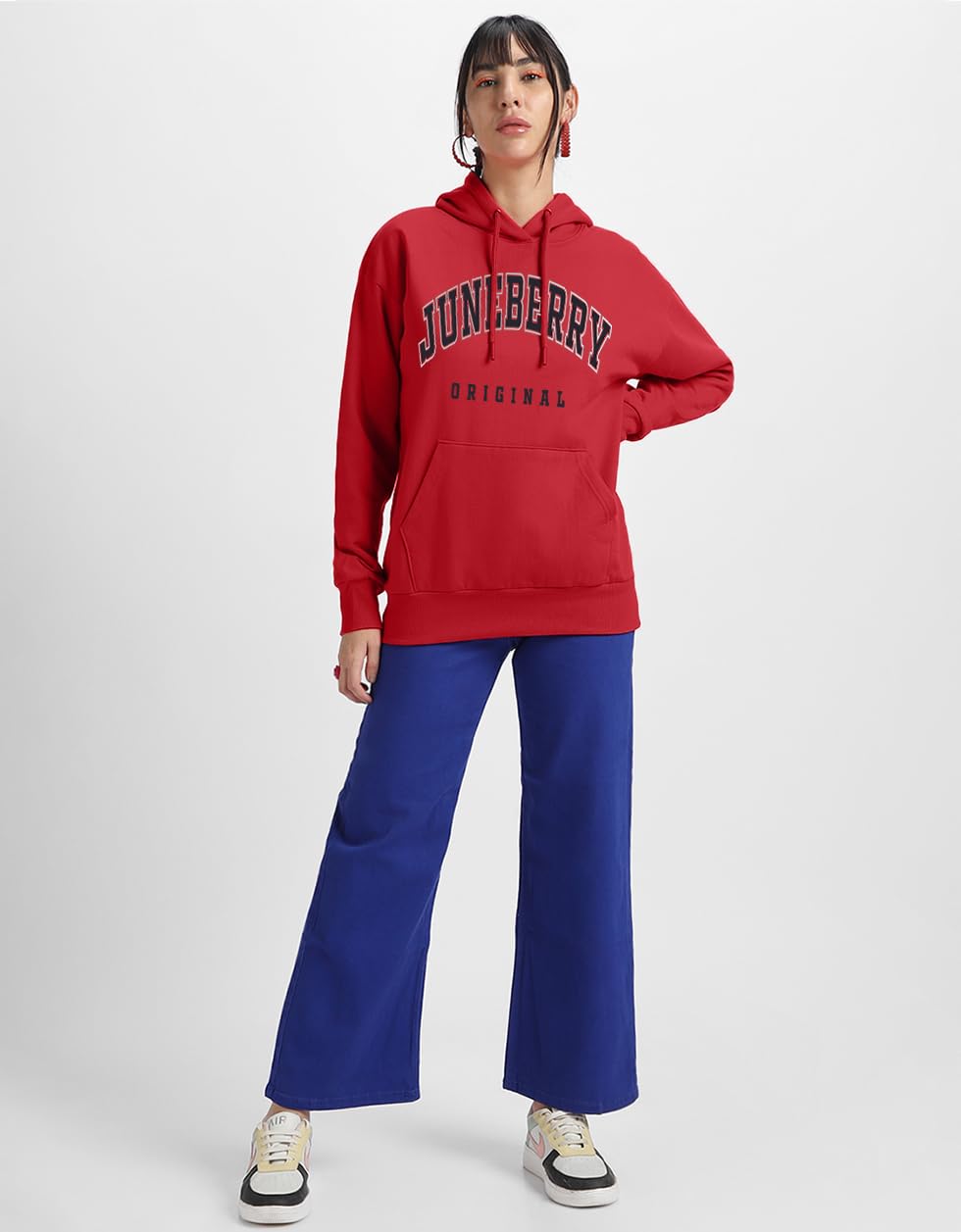 Juneberry Fleece Oversized Baggy Fit Hooded Sweatshirt Drop Shoulder Typographic Logo Printed Full Sleeve Hoodie For Women (Os_H