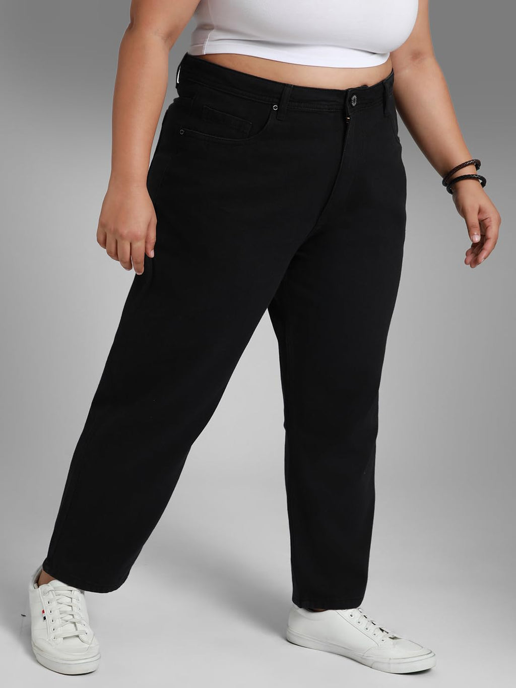 High Star Women Plus Size Mom Fit High-Rise Stretchable Jeans Black