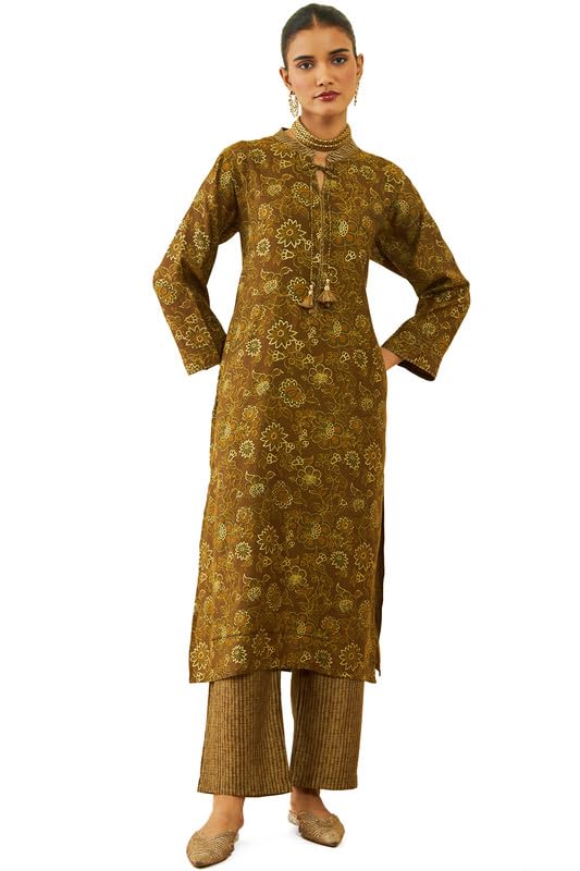 Soch Womens Brown Muslin Floral Print Straight Kurta Set With Neck Tie-Up