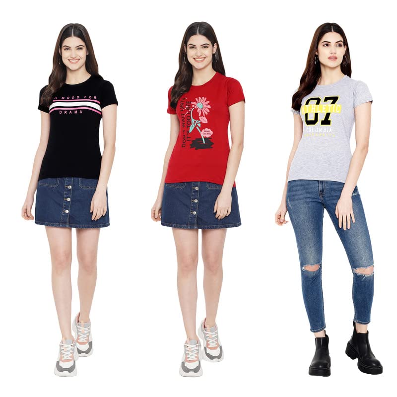 Preneum Womens Cotton Regular Fit Latest Graphic Stylish Printed Short Sleeves Casual T-Shirt || Latest Trendy & Styling (Pack