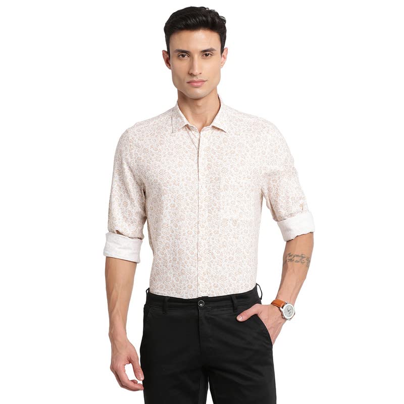 Turtle Men Peach Linen Blend Printed Slim Fit Party Shirts