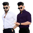 Pinkmint Cotton Blend Casual Shirt For Men Combo Shirt For Formal Wear, Regular Home Wear White-Purple