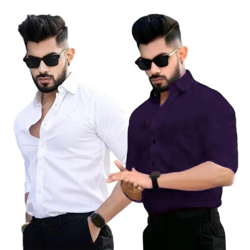 Pinkmint Cotton Blend Casual Shirt For Men Combo Shirt For Formal Wear, Regular Home Wear White-Purple