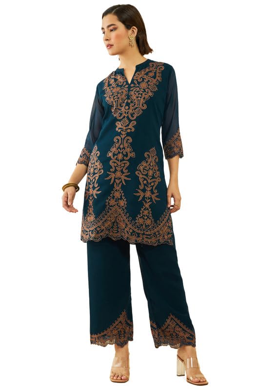Soch Women Georgette Floral Tread Embroidered Straight Kurta Set