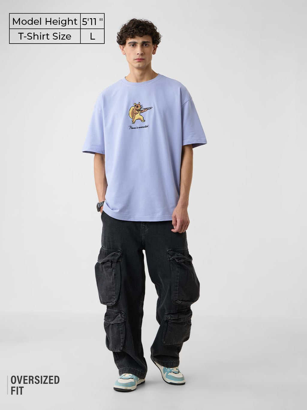 The Souled Store Oversized T-Shirt: Peace is Overrated Men and Boys Short Sleeves Round Neck Blue Embroidered Cotton Oversized T