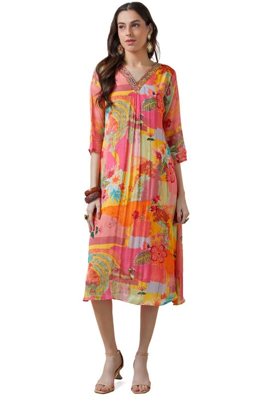 Soch Women Floral Print Chinon A-Line Dress with Beads and Stones