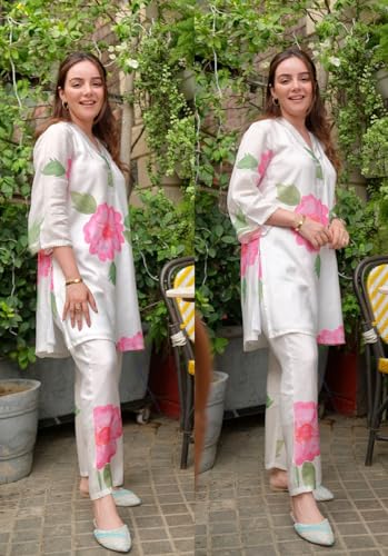 ANNI DESIGNER Womens Chanderi Cotton Straight Printed Co-Ord Set (Lace Cream Co-ord-NKL_L_Cream_Large)