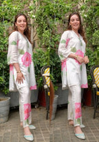 ANNI DESIGNER Womens Chanderi Cotton Straight Printed Co-Ord Set (Lace Cream Co-ord-NKL_S_Cream_Small)