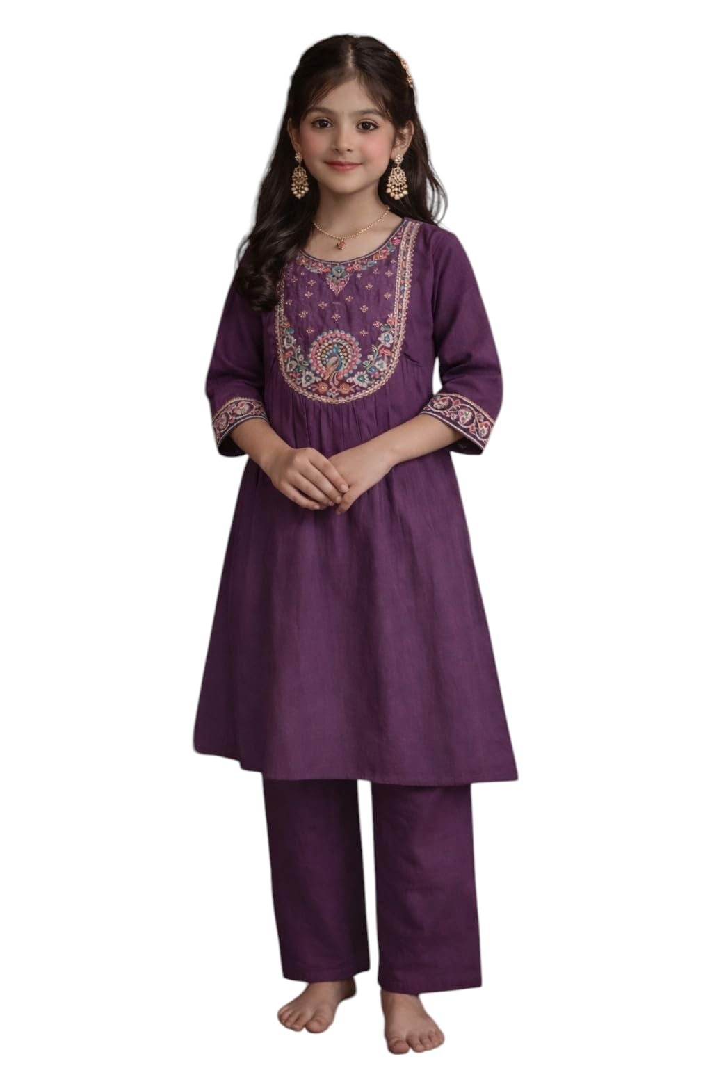 Aarika Girls Ethnic Wear Light Purple Colour Thread Sequin Embroidery Art Silk Kurti Pant Set-(8-15 Years)-(Kp-Tr-K-1294-Light-P