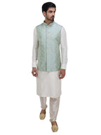 Manyavar Green Art Silk Embroidered Celebration Kurta Jacket Set With Mandarin Collar