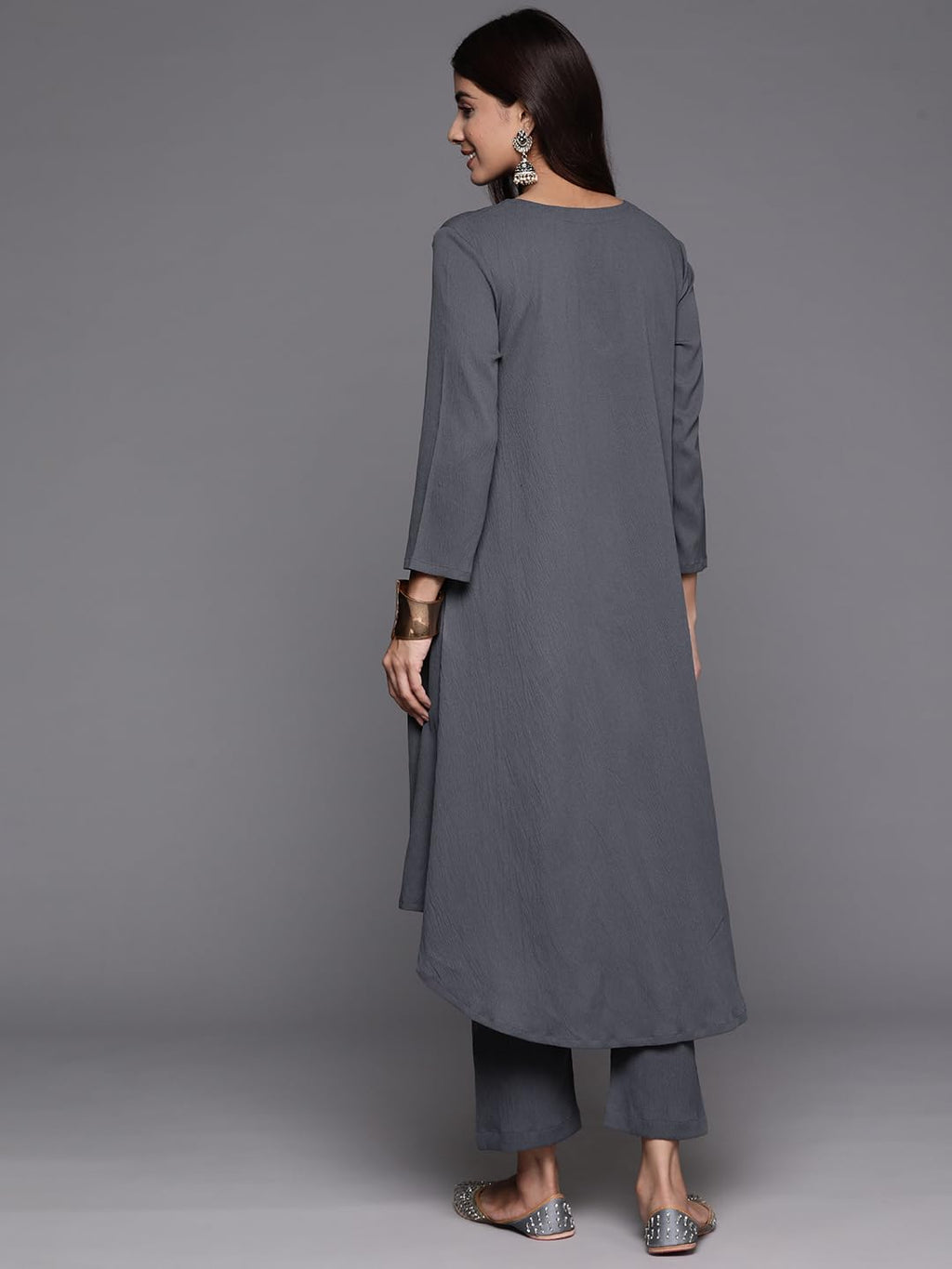 Varanga Women Plus Size Grey Empire Gathered Details A-Line Kurta Paired With Tonal Bottom