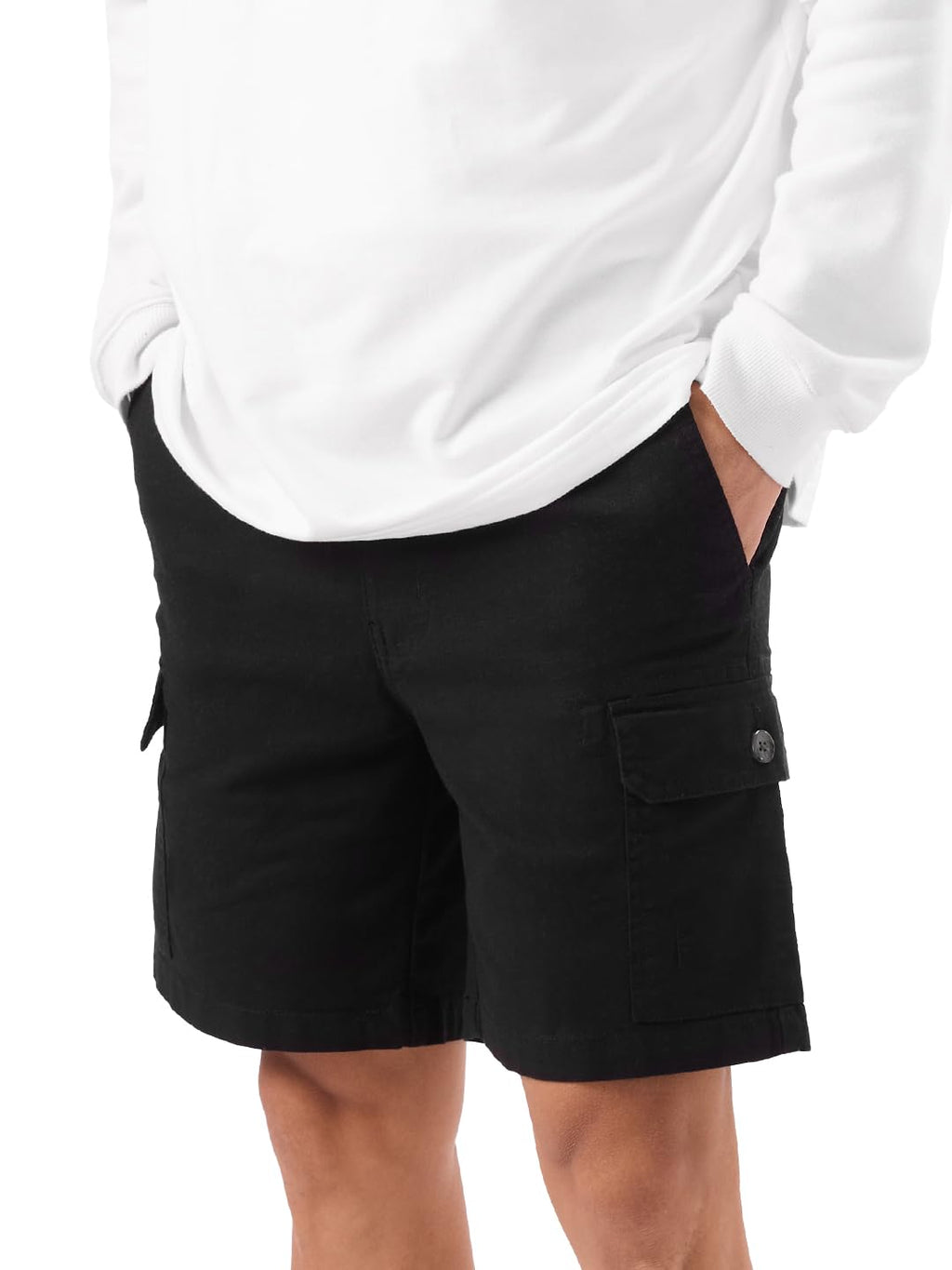 The Souled Store Solids: Deep Black Men and Boys Cotton Blend Knee Length Cargo Shorts