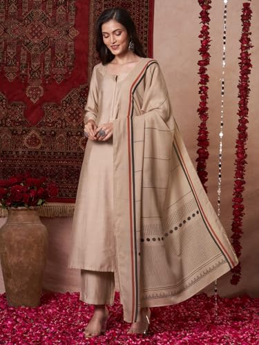 ANNI DESIGNER Womens Rayon Viscose Solid Straight Kurta with Pant & Dupatta (Raja Saab Beige-VKS14_M_Beige_Medium)