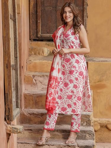 ANNI DESIGNER Womens Cotton Blend Printed Straight Kurta with Pant & Dupatta (Root Pink_XL_Pink_X-Large)