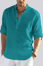 Hemrin MenS Cotton Blend Full Sleeve Short Kurta Shirt With Mandarin Collar Rama