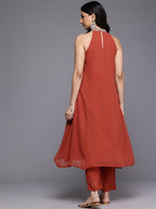 Varanga Women Halter Neck Zari And Sequence Embroidered Sleeveless Flared Kurta Paired With Tonal Bottom