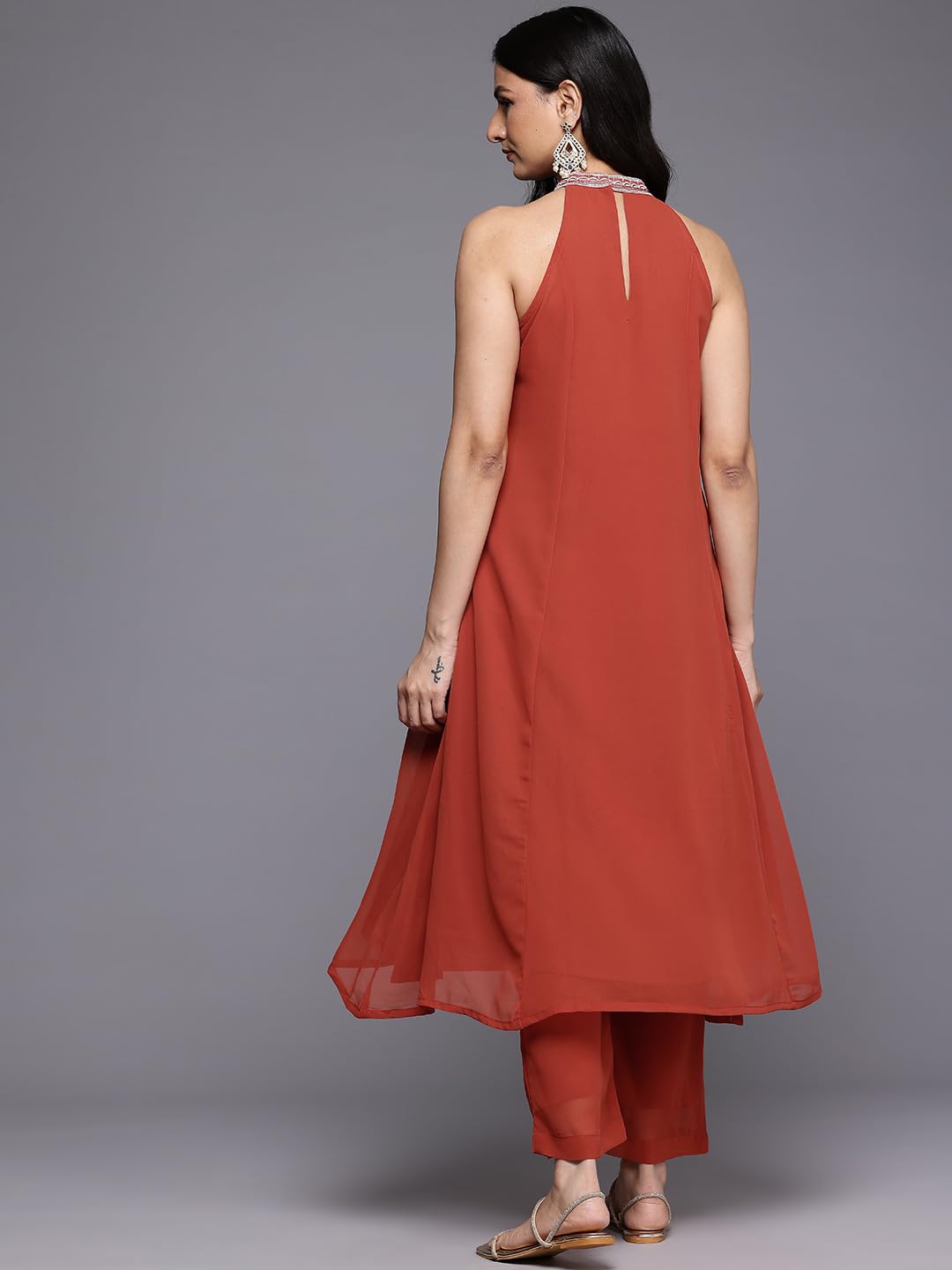 Varanga Women Halter Neck Zari And Sequence Embroidered Sleeveless Flared Kurta Paired With Tonal Bottom