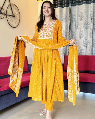 ANNI DESIGNER Womens Rayon Viscose Embroidered Anarkali Kurta with Pant & Dupatta (Kanota Yellow-VKS05_S_Yellow_Small)